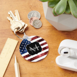 米国の国旗の赤い青いきらめきグリッターモノグラム キーホルダー