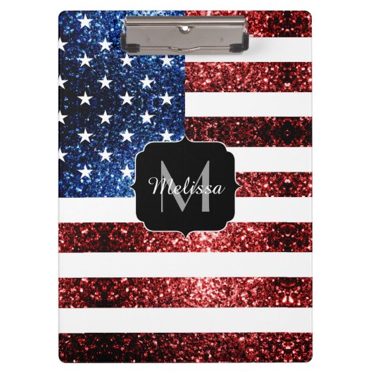 米国の国旗の赤い青いきらめきグリッターモノグラム クリップボード (正面)