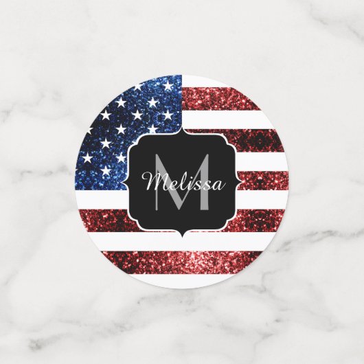 米国の国旗の赤い青いきらめきグリッターモノグラム コンフェッティ (スモール正面)