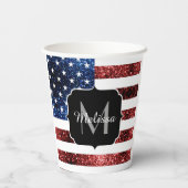 米国の国旗の赤い青いきらめきグリッターモノグラム 紙コップ (裏面)