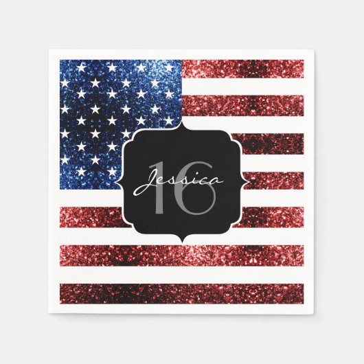 米国の国旗の赤い青の輝きグリッターSweet 16 スタンダードカクテルナプキン (正面)
