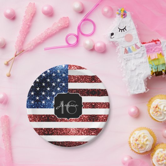 米国の国旗の赤い青の輝きグリッターSweet 16 ペーパープレート (パーティー)