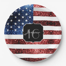 米国の国旗の赤い青の輝きグリッターSweet 16 ペーパープレート