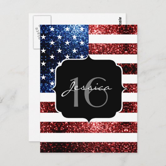 米国の国旗の赤い青の輝きグリッターSweet 16 ポストカード (正面/裏面)