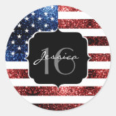 米国の国旗の赤い青の輝きグリッターSweet 16 ラウンドシール (正面)