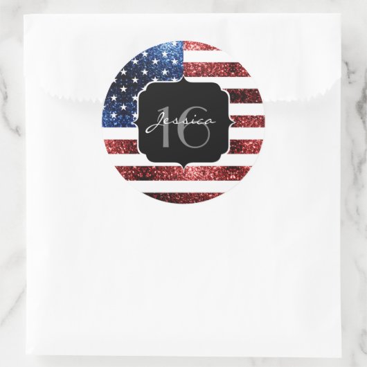 米国の国旗の赤い青の輝きグリッターSweet 16 ラウンドシール (バッグ)