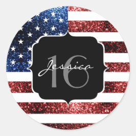 米国の国旗の赤い青の輝きグリッターSweet 16 ラウンドシール