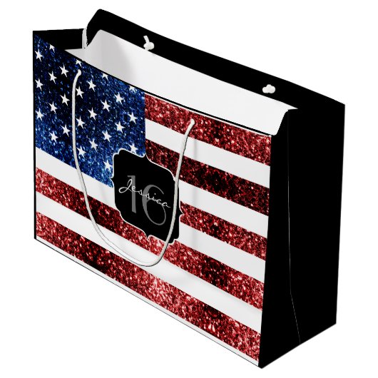米国の国旗の赤い青の輝きグリッターSweet 16 ラージペーパーバッグ (正面アングル)