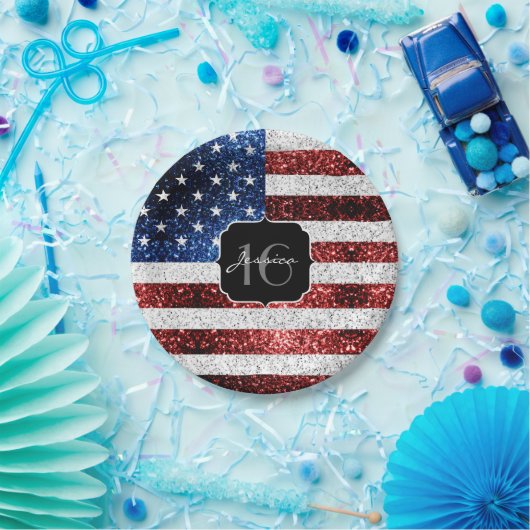 米国の国旗赤白青の輝きグリッターSweet 16 ペーパープレート (パーティー)