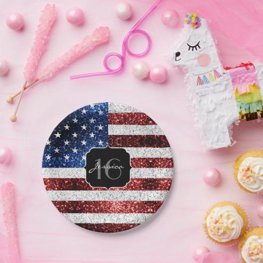 米国の国旗赤白青の輝きグリッターSweet 16 ペーパープレート (パーティー)