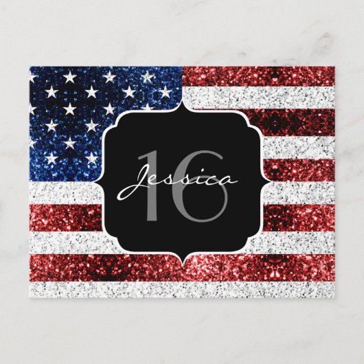 米国の国旗赤白青の輝きグリッターSweet 16 ポストカード (正面)