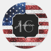 米国の国旗赤白青の輝きグリッターSweet 16 ラウンドシール (正面)