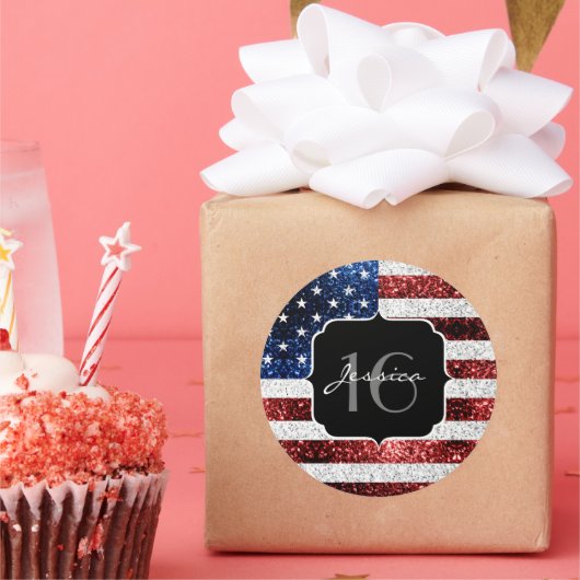 米国の国旗赤白青の輝きグリッターSweet 16 ラウンドシール (パーティー)