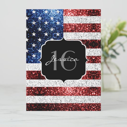米国の国旗赤白青の輝きグリッターSweet 16 招待状 (スタンド正面)