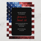 米国の国旗赤白青の輝きグリッターSweet 16 招待状 (正面/裏面)