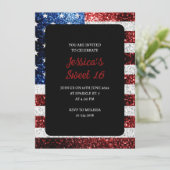 米国の国旗赤白青の輝きグリッターSweet 16 招待状 (スタンド正面)