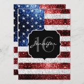 米国の国旗赤白青の輝きグリッターSweet 16 招待状 (正面/裏面)