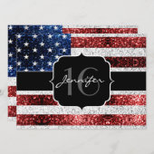米国の国旗赤白青の輝きグリッターSweet 16 招待状 (正面/裏面)