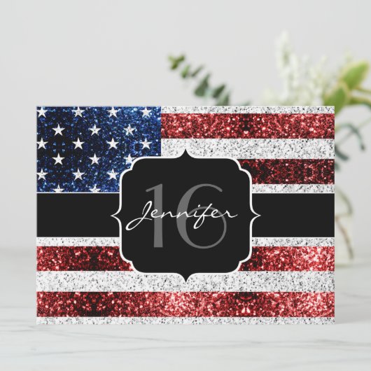 米国の国旗赤白青の輝きグリッターSweet 16 招待状 (スタンド正面)