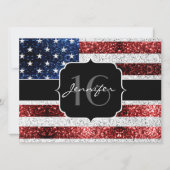 米国の国旗赤白青の輝きグリッターSweet 16 招待状 (正面)