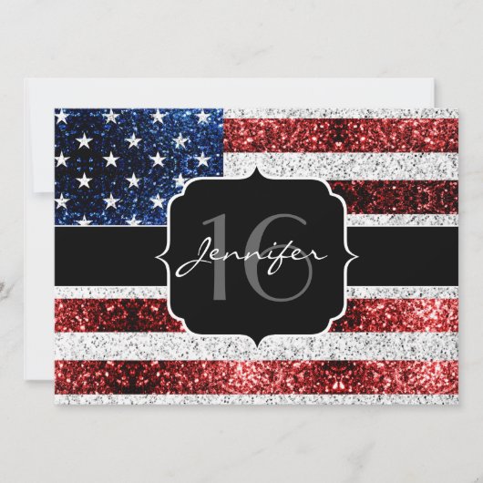 米国の国旗赤白青の輝きグリッターSweet 16 招待状 (正面)