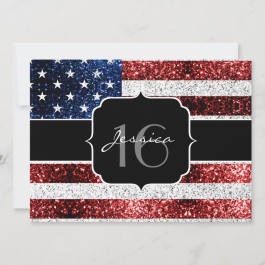 米国の国旗赤白青の輝きグリッターSweet 16 招待状 (正面)