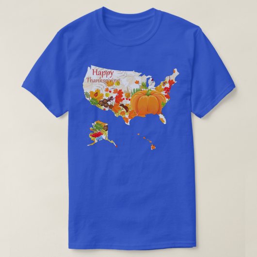米国の地図と紅葉、かぼちゃ、幸せな感謝祭 Tシャツ (デザイン正面)