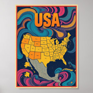 米国の地図イラストレーション ポスター