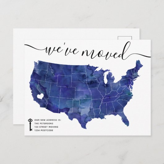 米国の地図ハートネイビー青の移動発表 案内ポストカード (正面/裏面)