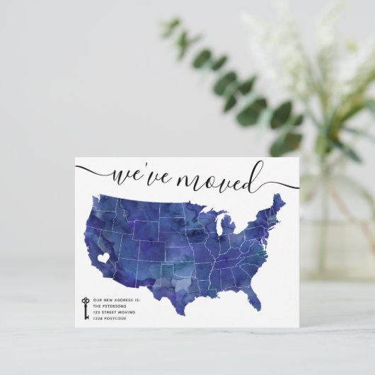 米国の地図ハートネイビー青の移動発表 案内ポストカード (スタンド正面)