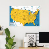 米国の州名と大文字の地図 ポスター (ホームオフィス)
