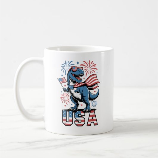 米国の愛国的なアメリカ国旗7月4日の恐竜 コーヒーマグカップ (左)