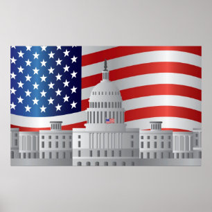 米国の旗が付いているWashington D.C.米国の国会議事堂の建物 ポスター