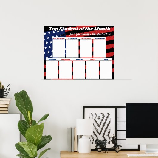 米国の旗の上の学生の月の教室の写真 ポスター (ホームオフィス)