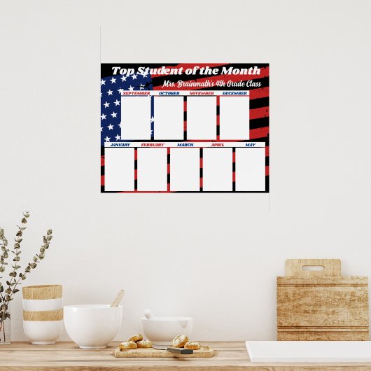米国の旗の上の学生の月の教室の写真 ポスター (キッチン)