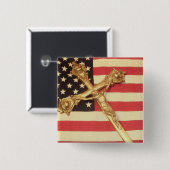 米国の旗の正方形ボタン上のカトリック教の十字架像 缶バッジ (正面&裏面)