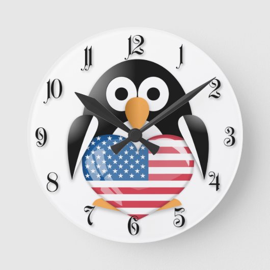 米国の旗を持つペンギン ラウンド壁時計 (正面)