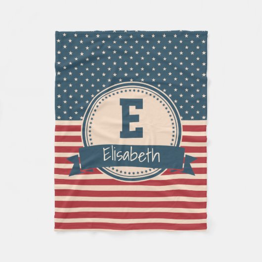 米国の星の愛国ストライプ国旗モノグラム フリースブランケット (正面)