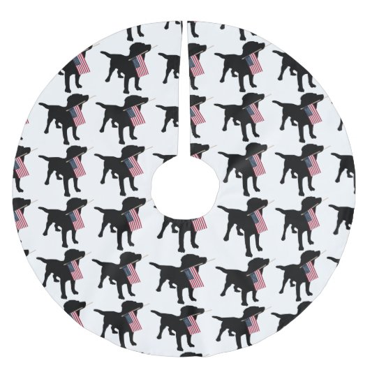 米国の米国旗、クリスマスを持つ黒い実験室犬 ブラッシュドポリエステルツリースカート (正面)