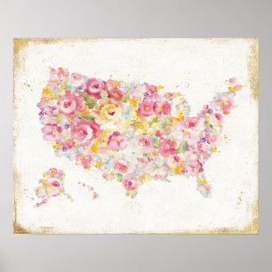 米国の花の地図 ポスター