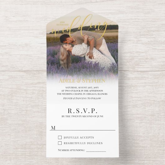 米国の金ゴールドスクリプトフォトインフォーマル結婚ズに参加 オールインワン招待状 (内側)