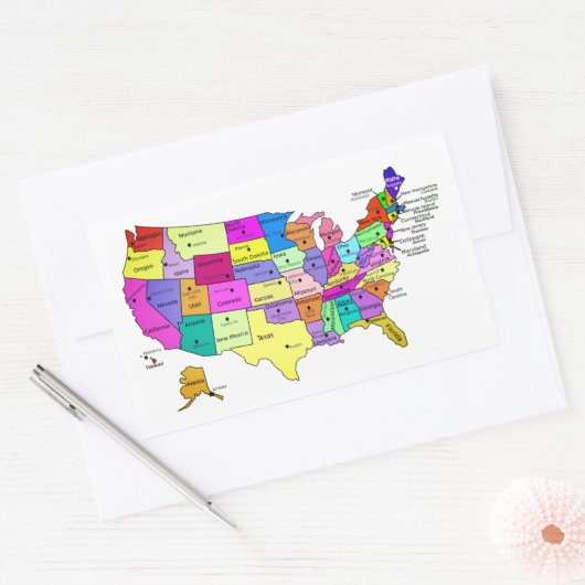 米国は州の名前および首都の地図を描きます 長方形シール (封筒)