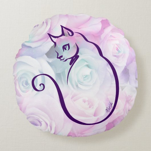 米国は手描きの猫に花の円形の枕をしました ラウンドクッション (正面)