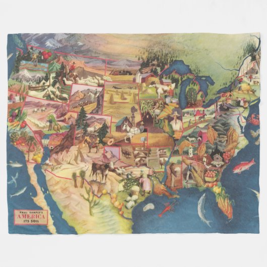 米国は-アメリカの農業及び農業地図を描きます フリースブランケット (正面(横))