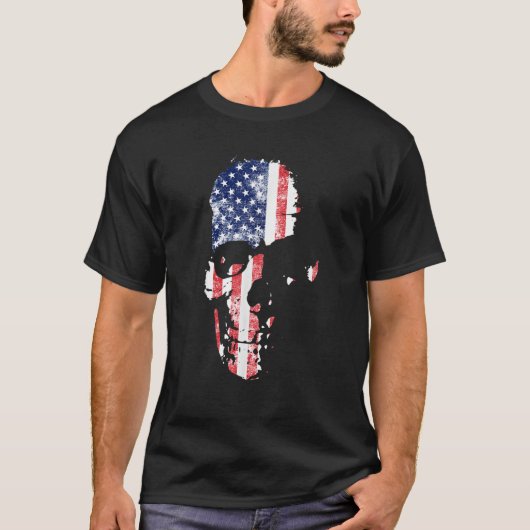 米国アメリカスカル国旗軍隊愛国的退役軍人 Tシャツ (正面)
