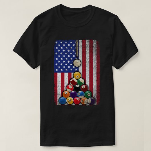 米国アメリカ国旗のビリヤード8ボールプールプレーヤー Tシャツ (デザイン正面)