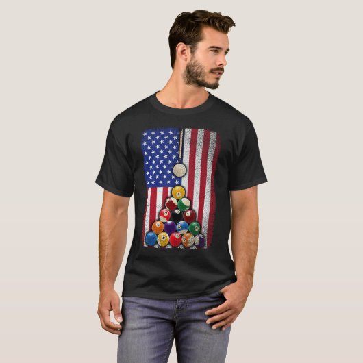 米国アメリカ国旗のビリヤード8ボールプールプレーヤー Tシャツ (正面フル)