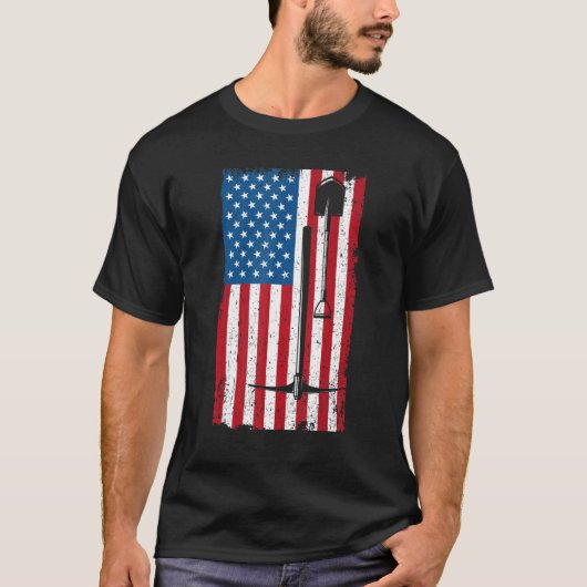 米国アメリカ国旗の地雷鉱山採掘機斧 Tシャツ (正面)
