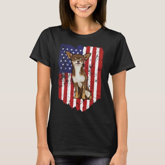 米国アメリカ国旗Brown Chihuahua 7月4日 Tシャツ (正面)