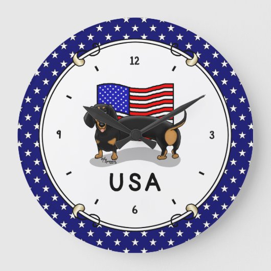 米国アメリカ国旗Dachshundd - （黒・褐色） ラージ壁時計 (正面)